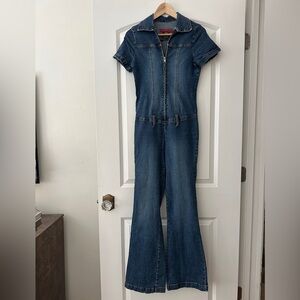 90s/Y2k Blue Denim Zip Up Flare Leg Jumpsuit